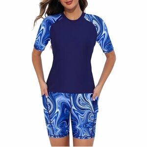 Women's Two Piece Rash Guard Short Sleeve Swim Shorts UPF 50+ X Large Blue Wave